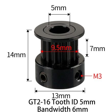 GT2 bordáskerék 16 fogas 5 mm belső furat (fekete)