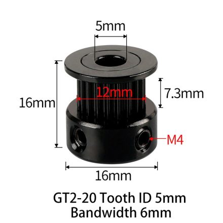 GT2 bordáskerék 20 fogas 5 mm belső furat (fekete)