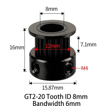 GT2 bordáskerék 20 fogas 8 mm belső furat (fekete)