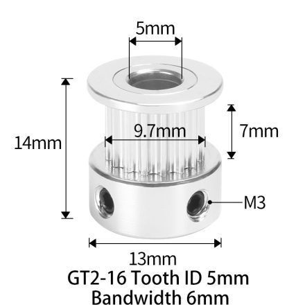 GT2 bordáskerék 16 fogas 5 mm belső furat (szürke)