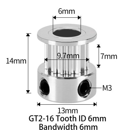 GT2 bordáskerék 16 fogas 6 mm belső furat (szürke)