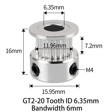GT2 bordáskerék 20 fogas 6.35 mm belső furat (szürke)