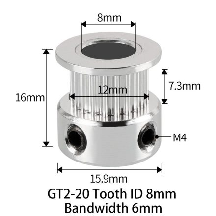 GT2 bordáskerék 20 fogas 8 mm belső furat (szürke)