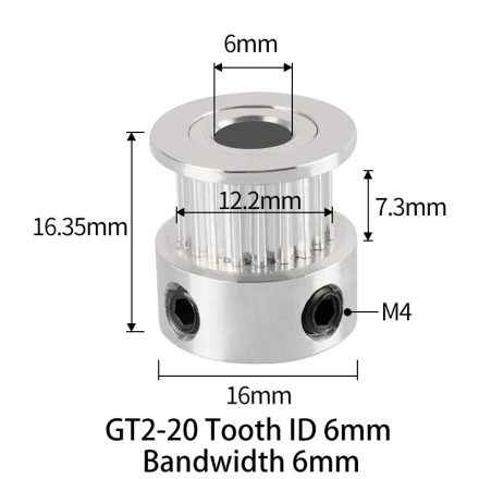 GT2 bordáskerék 20 fogas 6 mm belső furat (szürke)