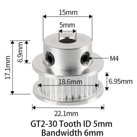GT2 bordáskerék 30 fogas 5 mm belső furat (szürke)