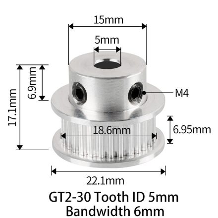 GT2 bordáskerék 30 fogas 8 mm belső furat (B verzió)