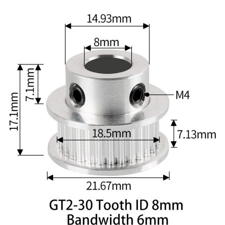 GT2 bordáskerék 30 fogas 8 mm belső furat (szürke)