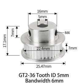 GT2 bordáskerék 36 fogas 5 mm belső furat (szürke)