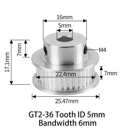 GT2 bordáskerék 36 fogas 5 mm belső furat (szürke)