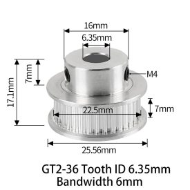 GT2 bordáskerék 36 fogas 6.35 mm belső furat (szürke)