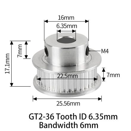 GT2 bordáskerék 36 fogas 6.35 mm belső furat (szürke)