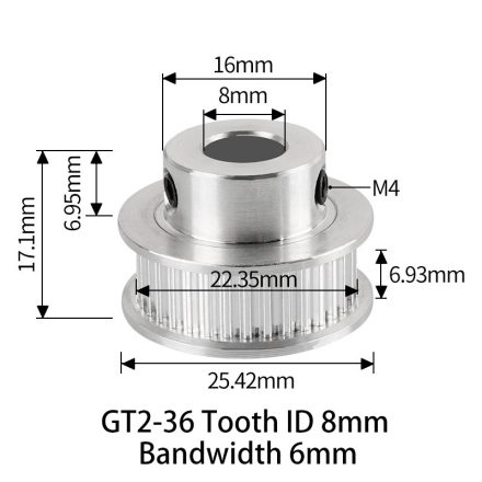 GT2 bordáskerék 36 fogas 8 mm belső furat (szürke)