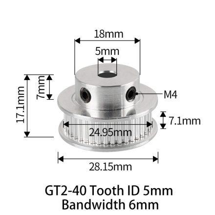 GT2 bordáskerék 40 fogas 5 mm belső furat (szürke)