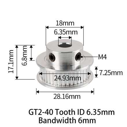GT2 bordáskerék 40 fogas 6.35 mm belső furat (szürke)