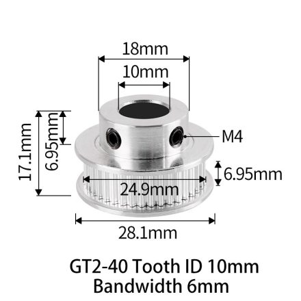 GT2 bordáskerék 40 fogas 10 mm belső furat (szürke)