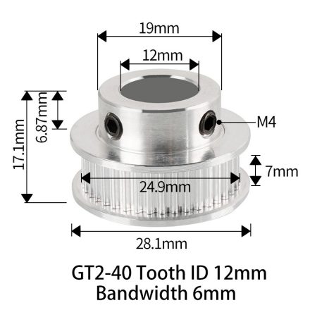 GT2 bordáskerék 40 fogas 12 mm belső furat (szürke)