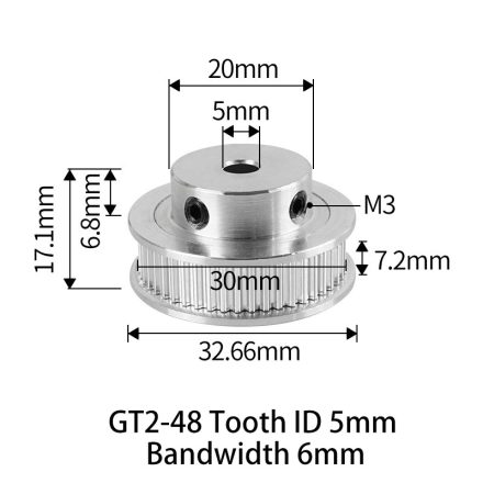GT2 bordáskerék 48 fogas 5 mm belső furat (szürke)