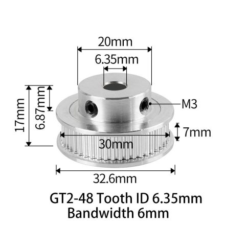 GT2 bordáskerék 48 fogas 6.35 mm belső furat (szürke)