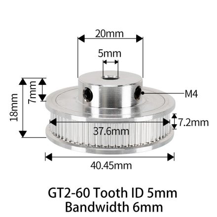 GT2 bordáskerék 60 fogas 5 mm belső furat (szürke)