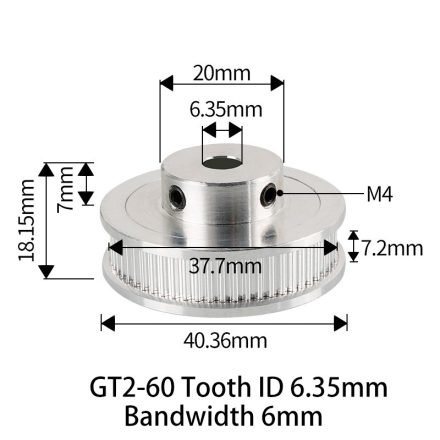 GT2 bordáskerék 60 fogas 6.35 mm belső furat (szürke)