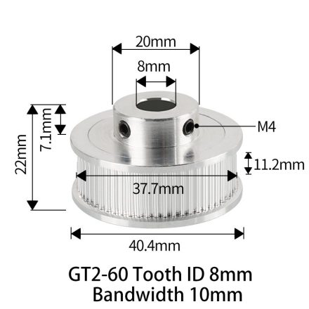 GT2 bordáskerék 60fogas 8 mm belső furat (szürke)